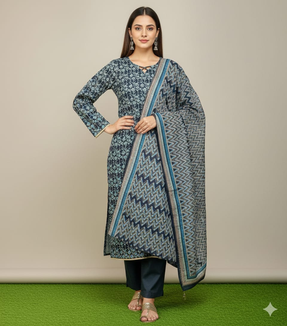 3 Piece Khaddar Printed Slub Viscose Suit
