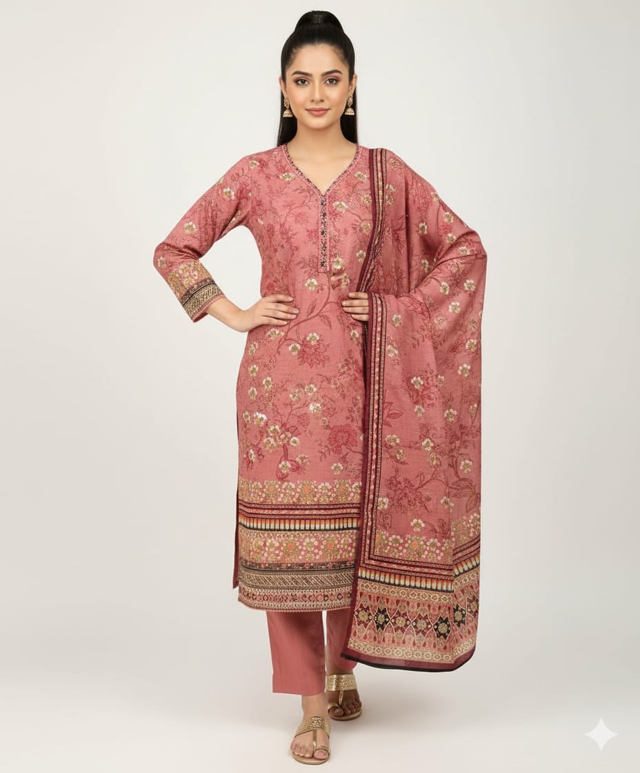 3 Piece Printed Khaddar Suit Stitched with Dupatta