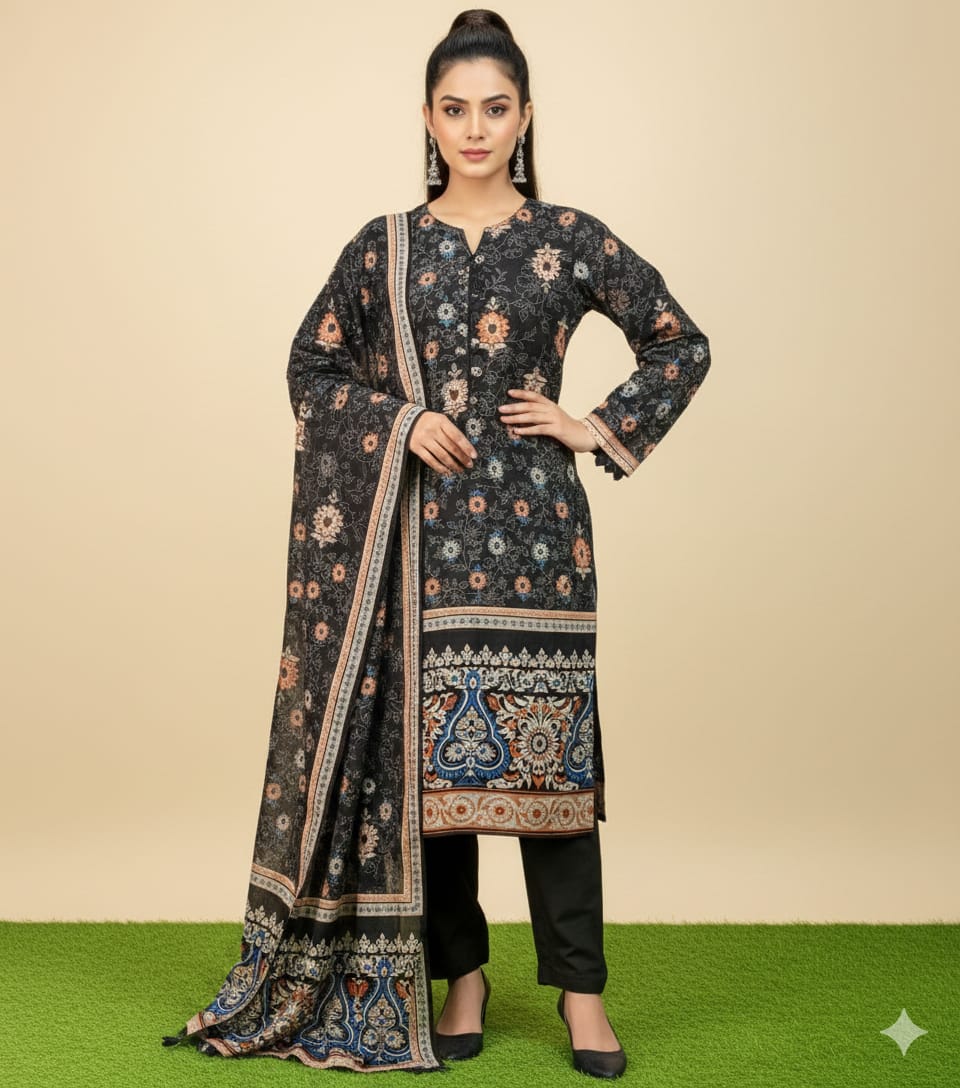 3 Piece Printed Khaddar Suit with Dupatta